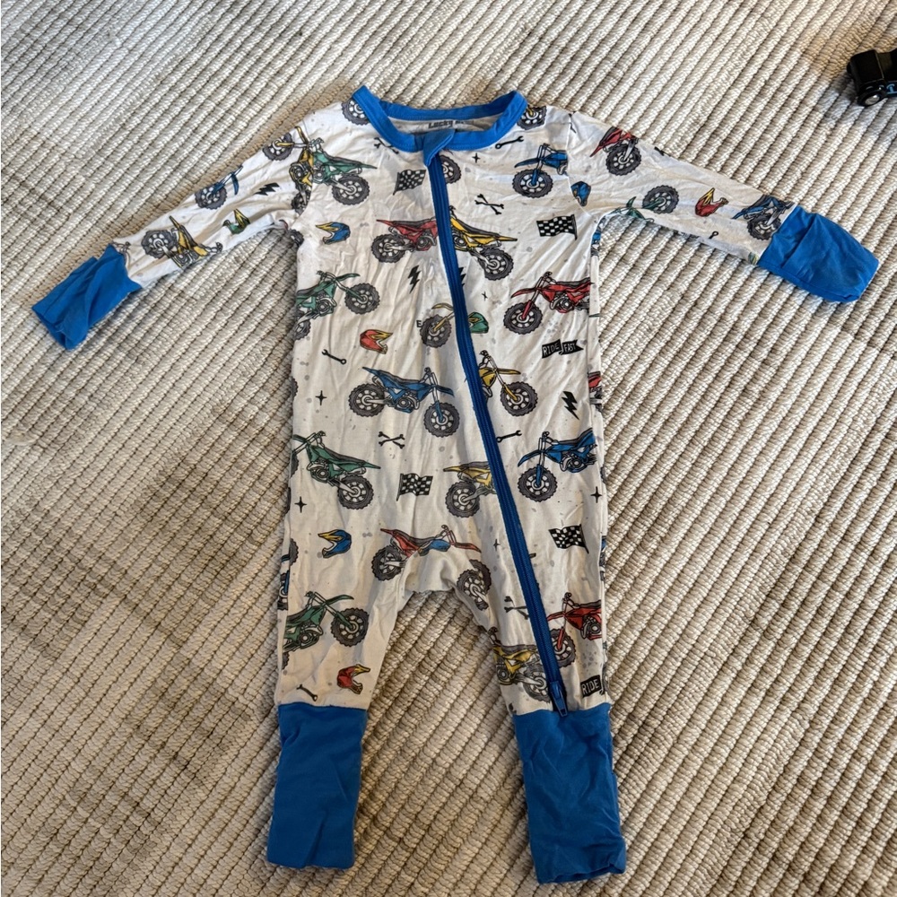 Baby Motorcycle Print Bamboo Pajamas - Blue Trim